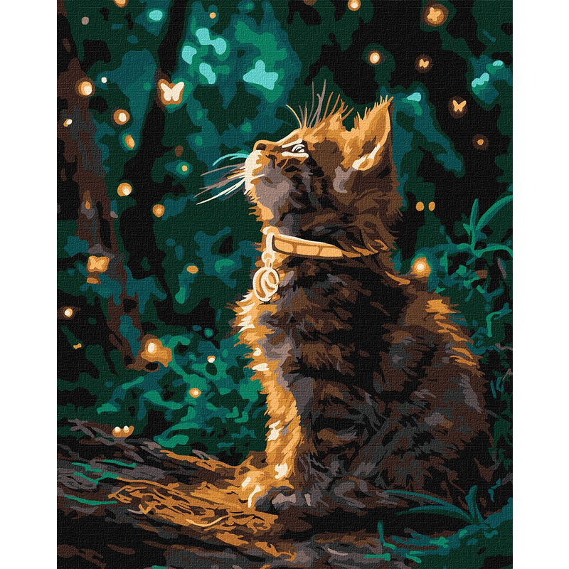 Картина за номерами - Кошеня та світлячки з фарбами металік extra ©art_selena_ua